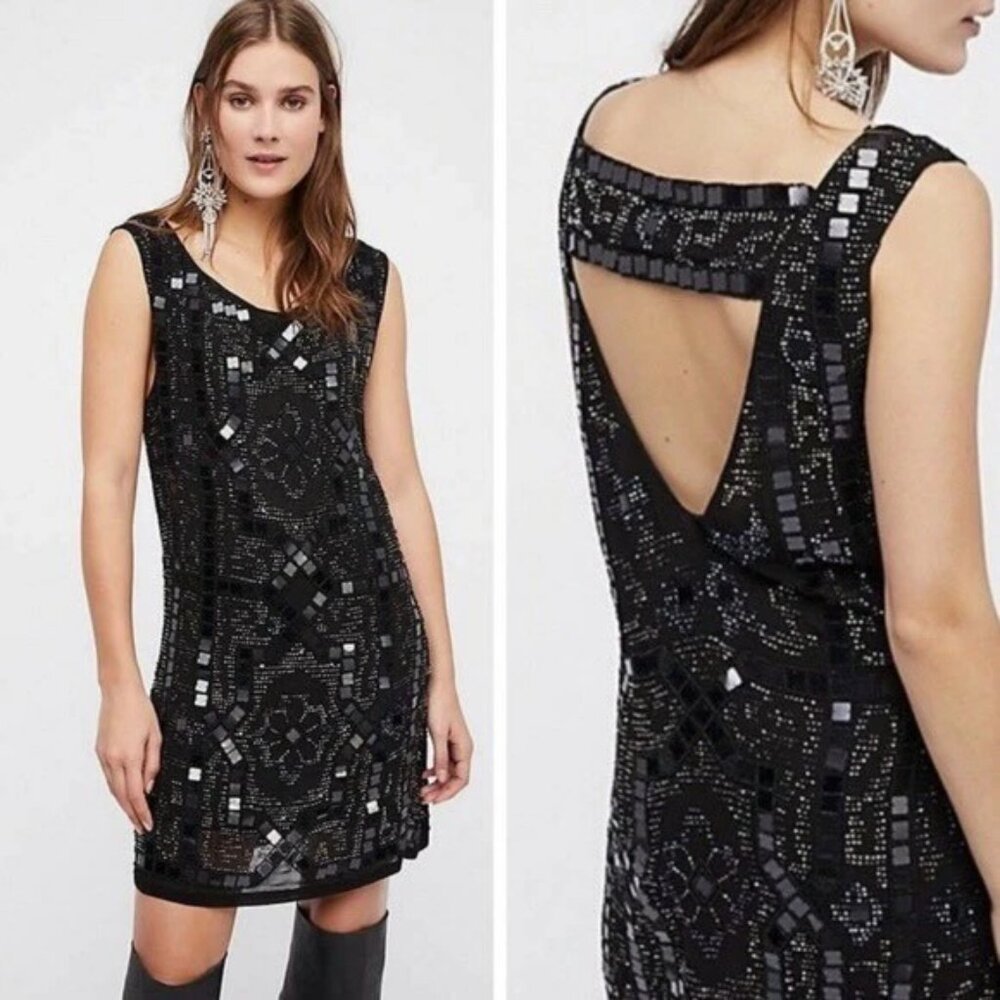 Free People‎ Speak Easy Black Beaded Sequin Mini Dress Size 0